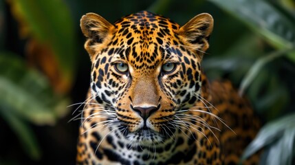 Obraz premium Close-up portrait of a majestic leopard with piercing blue eyes staring directly at the camera in a lush green jungle setting.