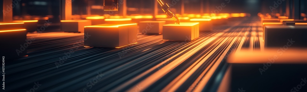 Poster A futuristic scene showcasing glowing orange blocks on a textured surface, suggesting advanced technology or a manufacturing process.