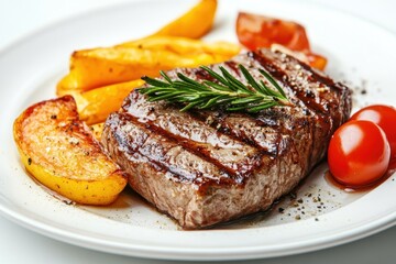 Grilled steak with roasted vegetables on a white plate.
