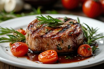 Grilled steak with rosemary and cherry tomatoes.
