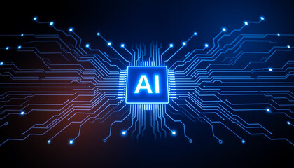 Glowing Purple AI Chip on Blue Circuit Board, Symbolizing Advanced Artificial Intelligence Technology.