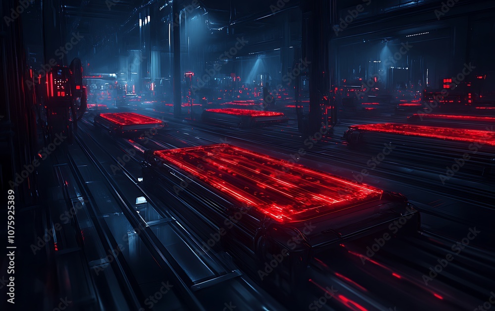 Leinwandbilder a dark, futuristic scene featuring illuminated structures with red lights, set in a high-tech indust