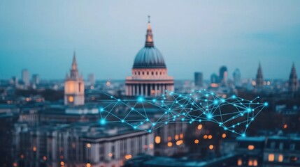 Naklejka premium Cityscape at Dusk with Iconic Dome and Digital Network Overlay Representing Connectivity and Modern Technology in Urban Environments