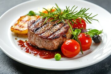 Grilled steak with vegetables and sauce on a white plate.