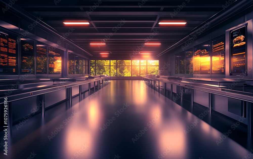 Poster a modern interior space with a long table, illuminated by warm lights and large windows showcasing a