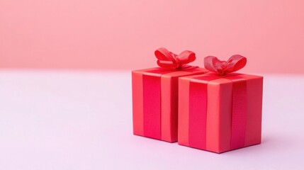 Two Red Gift Boxes with Ribbons on a Soft Pink Background, Perfect for Holidays, Celebrations, and Surprise Events, Conveying Joy and Excitement in Gift Giving