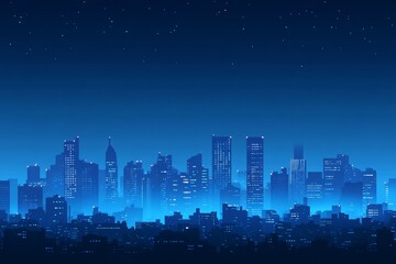 Nighttime Cityscape Illustration Featuring Silhouetted Skyscrapers with a Starry Sky and Soft Blue Tones for Urban and Nightlife Themes