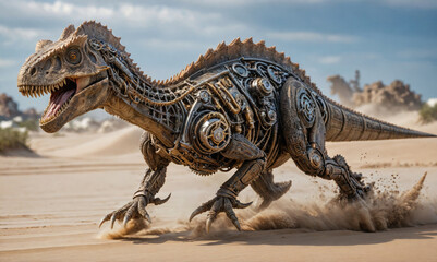 Fototapeta premium A dinosaur with mechanical parts is running through the desert