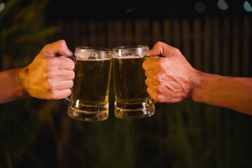 Close-up of friends clinking glasses of beer, celebrating together at a bar.The lively atmosphere captures laughter, camaraderie,good times, as young friends enjoy a night out with refreshing drinks