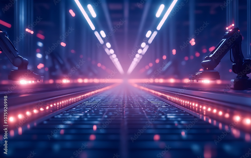 Poster A futuristic factory floor with illuminated paths and robotic arms, showcasing advanced technology and automation.