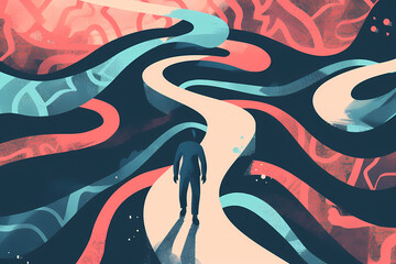 Obraz premium A silhouette of a solitary figure walks down a winding path through a colorful abstract landscape, symbolizing exploration and self-discovery.
