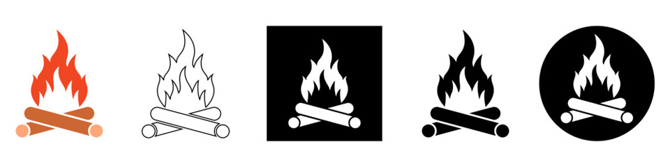 Campfire or bonfire, camping area, survival adventure fire place, camping or campfire scout vector pictogram sign icon symbol ui and ux design, glyphs and stroke line	