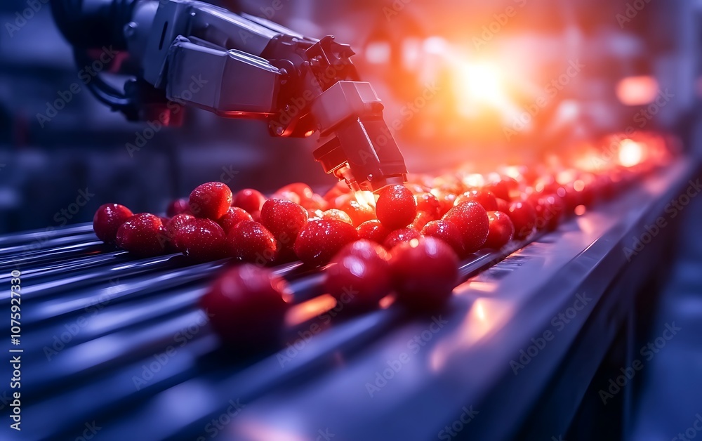 Poster a robotic arm sorts red tomatoes on a conveyor belt in a high-tech facility, showcasing automation i
