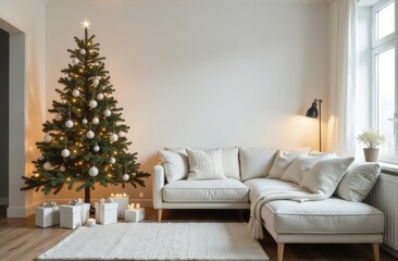 Modern stylish light minimalist living room interior. Empty space on a light wall. New Year and Christmas atmosphere. Space for text for your business