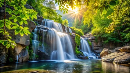 Naklejka premium A serene waterfall enveloped by lush foliage, perfect for outdoor enthusiasts and nature lovers eager to explore and photograph the beauty of forests and waterfalls.