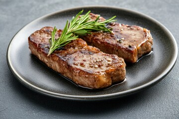 Two grilled steaks with rosemary sprig on a black plate.