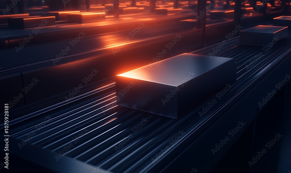 Aufkleber a futuristic, metallic scene featuring sleek rectangular shapes illuminated by warm light against a 