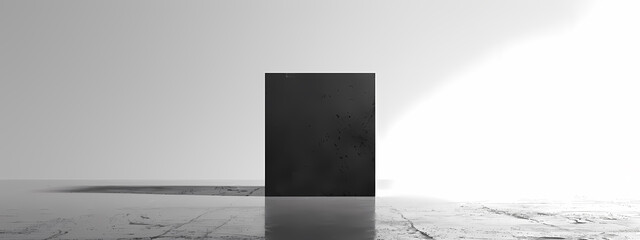 A solitary black cube stands in a minimalist space, illuminated by a bright light source, creating a stark contrast with its surroundings.