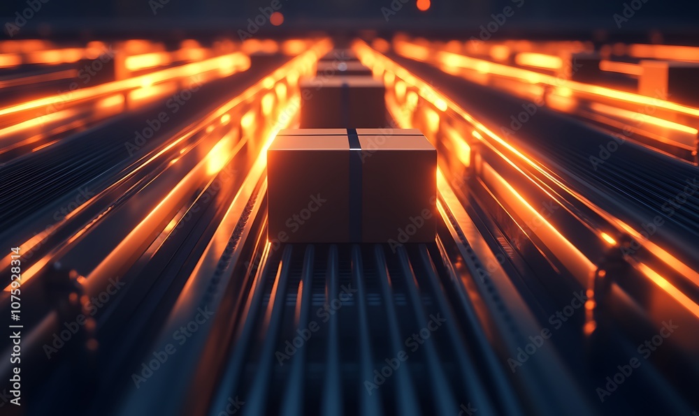 Fototapete the image features glowing orange elements along a conveyor system transporting boxes, showcasing a 