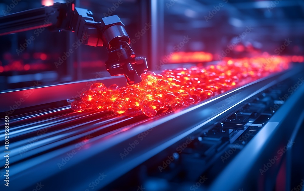 Fototapete A robotic arm sorts glowing red objects on a conveyor belt in a high-tech manufacturing environment.