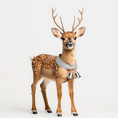 Fototapeta premium A charming deer figurine adorned with a bell collar on a white isolated background.