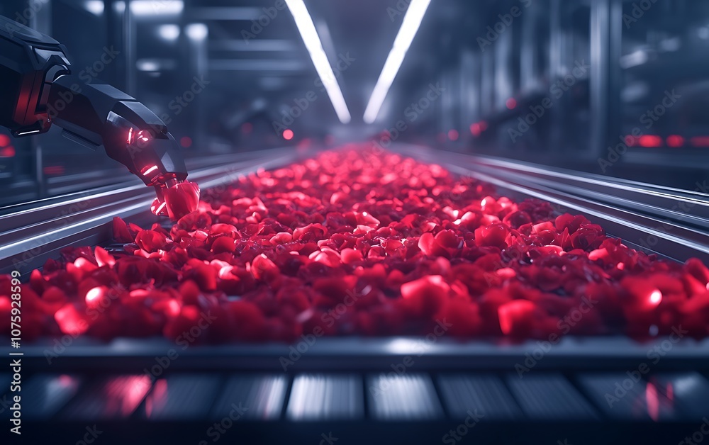 Leinwandbilder a robotic arm sorts vibrant red materials on a conveyor belt in a futuristic setting, showcasing adv