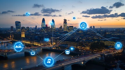 Obraz premium A city skyline at dusk with digital connectivity icons representing technology and communication.