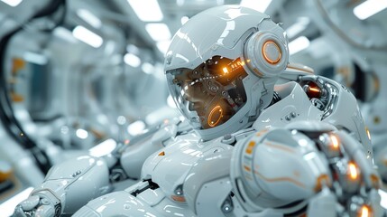 Fototapeta premium Futuristic astronaut in white suit with orange accents, sitting in a spaceship cabin.