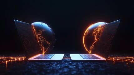 Two laptops facing each other with glowing globes emerging, symbolizing global connectivity and technology.