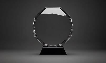Black round glass trophy mockup in darkness, 3d rendering. Empty acrylic award design mock up