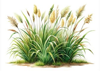 Fototapeta premium Charming vintage garden grass landscape design elements, beautifully hand-drawn in watercolor and set against a white background, ideal for nature-themed projects and elegant decor.