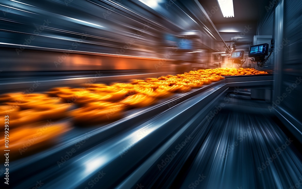 Aufkleber A dynamic scene of orange objects moving rapidly on a conveyor belt in a factory setting, highlighting industrial efficiency and automation.