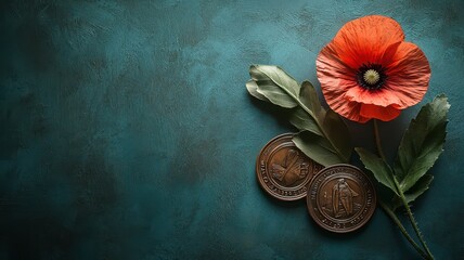 A vibrant red poppy flower alongside two coins on a textured teal background, symbolizing...