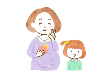 出産にまつわる手当に喜ぶ妊婦さんと娘の上半身手描きイラスト