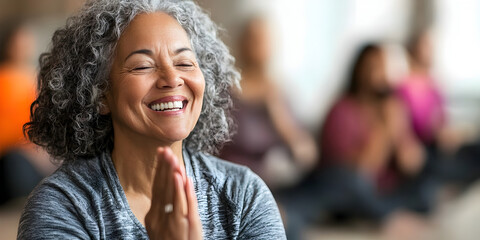 Obraz premium Peaceful Serenity: A mature woman finds inner peace during a yoga session, her serene smile and clasped hands radiating tranquility. 