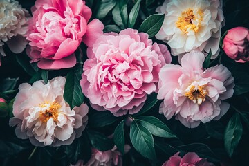 Fototapeta premium Vibrant Peonies in Shades of Pink and White Surrounded by Lush Green Foliage, Capturing the Essence of Spring and Floral Beauty in a Close-Up Arrangement