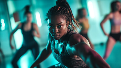 Dynamic dance workout session with passionate women in a modern studio setting