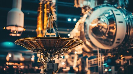 Close-up of a detailed space probe antenna with blurred background. Space exploration technology,aerospace engineering,scientific research,future technologies, satellite communications,space mission