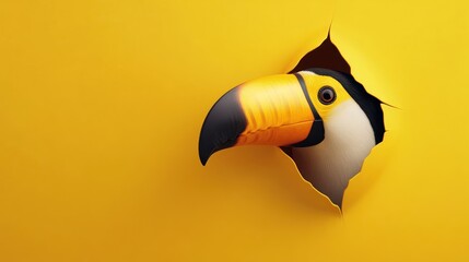 Naklejka premium Toucan Peeking Through Yellow Paper