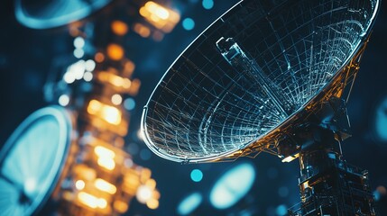 Close-up of a detailed space probe antenna with blurred background. Space exploration technology,aerospace engineering,scientific research,future technologies, satellite communications,space mission