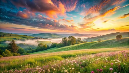 A Verdant Landscape Bathed in the Golden Hues of Dawn, with Rolling Hills, Lush Green Grass, and a Scattered Field of Delicate Wildflowers