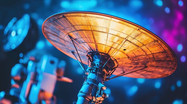 Close-up of a detailed space probe antenna with blurred background. Space exploration technology,aerospace engineering,scientific research,future technologies, satellite communications,space mission
