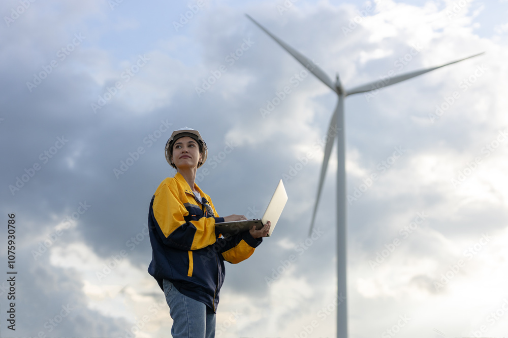 Aufkleber renewable energy systems concept, engineer female using laptop working wind turbine for alternative 