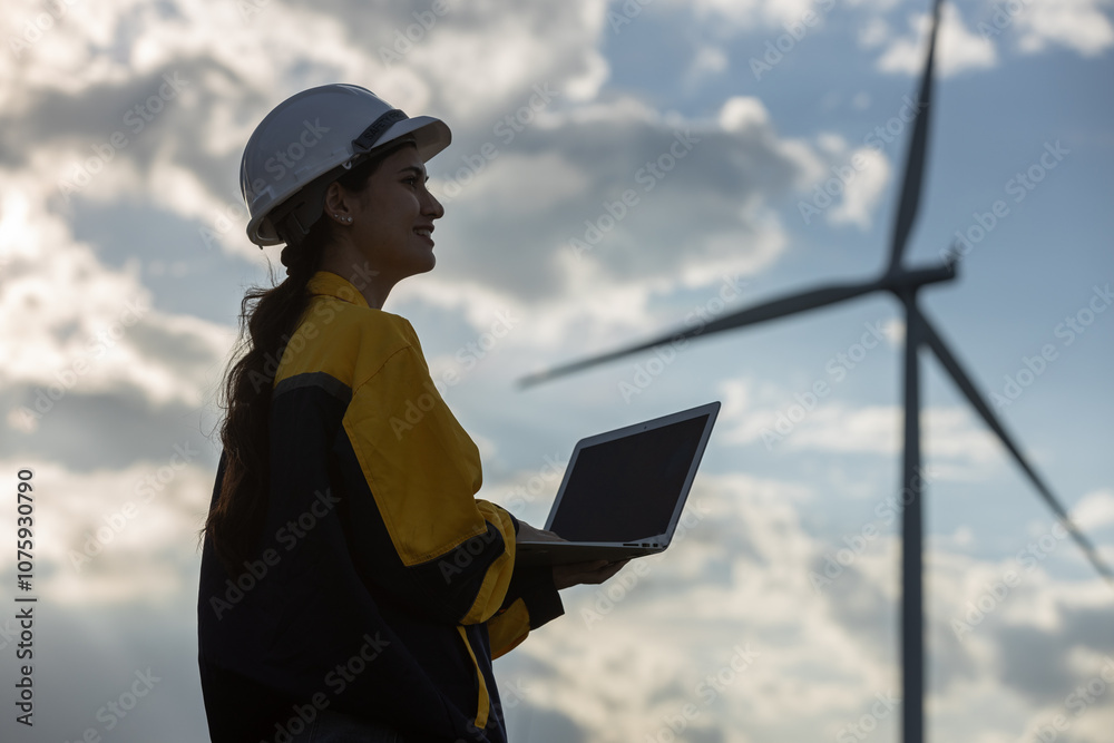 Poster Renewable energy systems concept, engineer female using laptop working wind turbine for alternative energy, Technology protect environment reduce global warming problems.