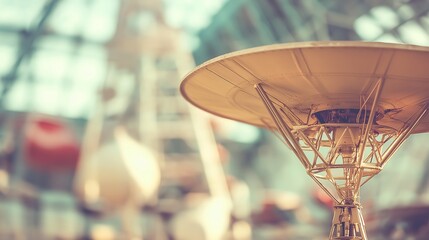 Close-up of a detailed space probe antenna with blurred background. Space exploration technology,aerospace engineering,scientific research,future technologies, satellite communications,space mission