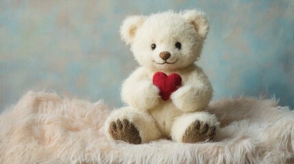 White teddy bear holding a small red heart generative ai