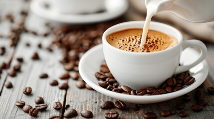 Obraz premium Milk being poured into a cup of coffee with coffee beans on a wooden table.
