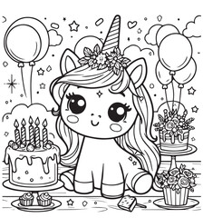 Coloring page design unicorn birthday