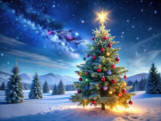 Enchanting Christmas Tree Under a Starry Sky with Snowflakes - Magical Winter Wonderland Scene, Festive Atmosphere, Holiday Cheer, Vibrant Colors, Cozy Feel, Nature Beauty, and Seasonal Decor