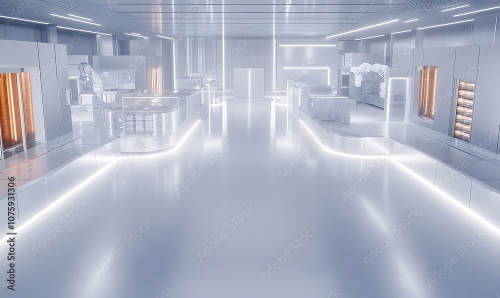 Poster a futuristic, bright space featuring sleek, illuminated structures and a polished floor, evoking a h